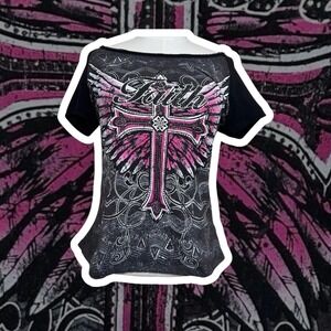 Y2K Bedazzled Faith Cross Wings Graphic Tee Shirt Top Black Pink Lace Size L
